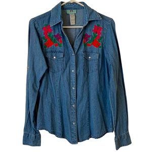 South Main | Medium | Collared Women's Blue Button Down Floral Long Sleeve Shirt